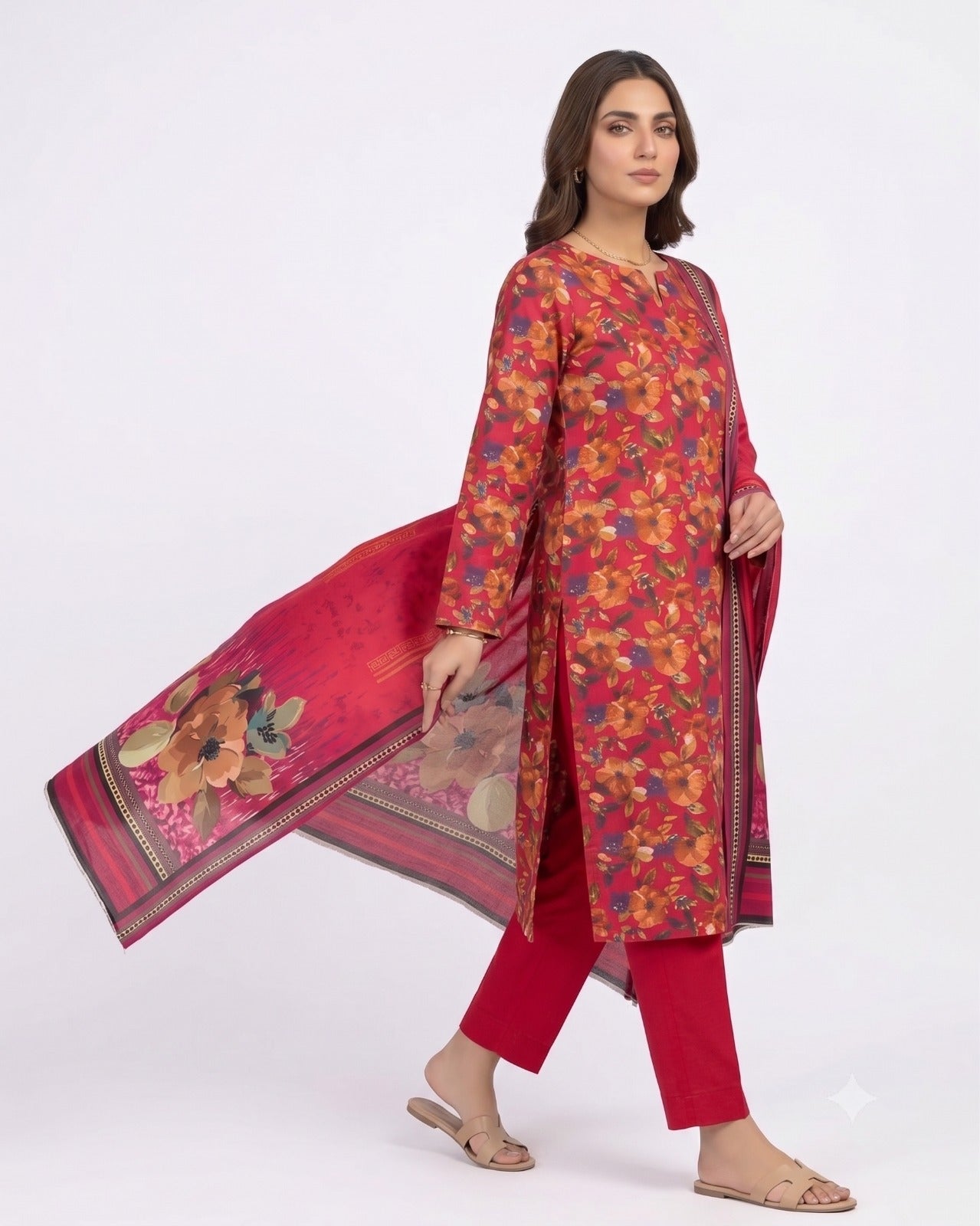 Crimson Autumn Bloom Printed Lawn Suit