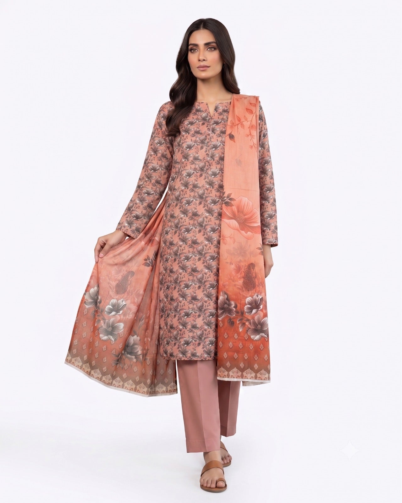 Peach Blossom Elegance – 3-Piece Printed Lawn Suit