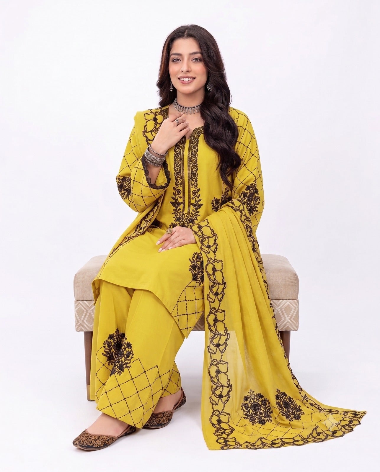 Sunlit Mustard Embroidered Lawn Suit