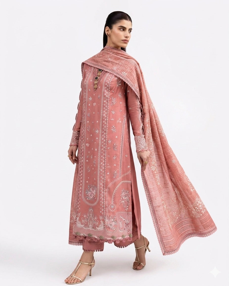 Qalamkar Moya Premium Embroidered Luxury Lawn – 3-Piece Suit (AK-3382)