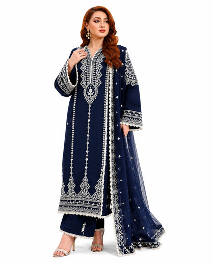 Midnight Blue Embroidered 3 Piece Lawn Suit with Elegant Dupatta