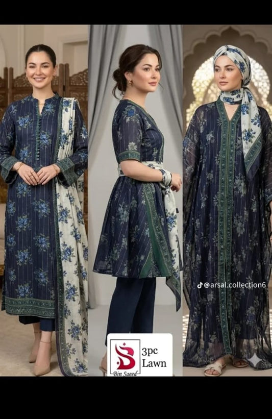Bin Saeed Luxury Lawn – Indigo Floral 3 Piece Collection V342