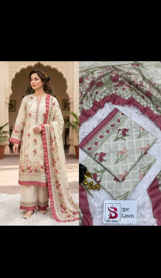 Bin Saeed Printed Luxury Lawn – Floral Lattice 3 Piece Collection V337