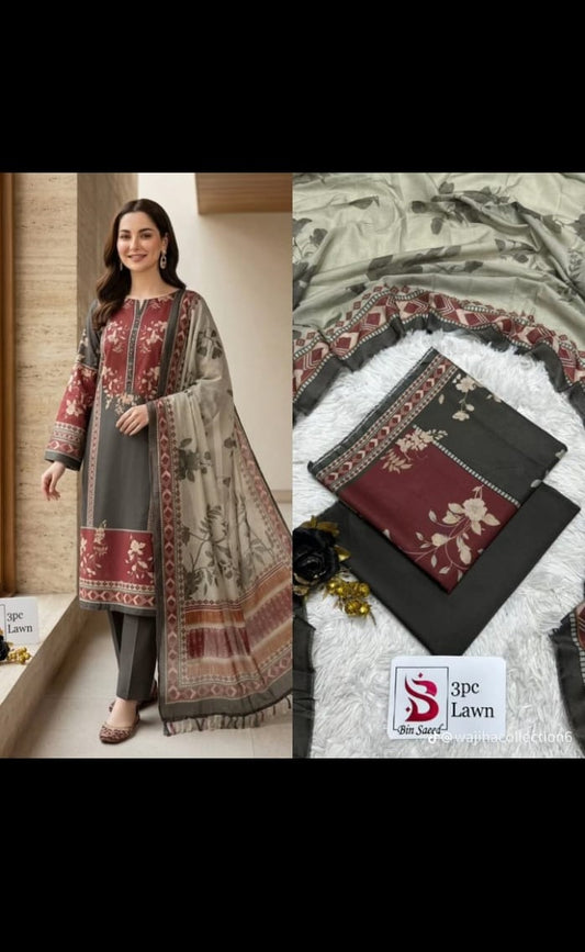 Bin Saeed Printed Luxury Lawn – Charcoal & Crimson 3 Piece Collection V339